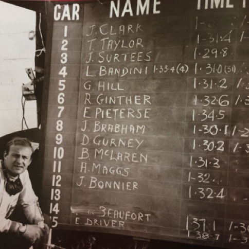 Carel de Beaufort après son abandon devant le panneau de classement à East London : Jim Clark est en tête Carel de Beaufort après son abandon devant le panneau de classement à East London : Jim Clark est en tête